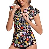 WOWENY Women’s Swim Shirts Rash Guard UPF 50 Sun Protection Zipper Tankini Tops Ruffle Sleeve Bathing Suit No Bottom