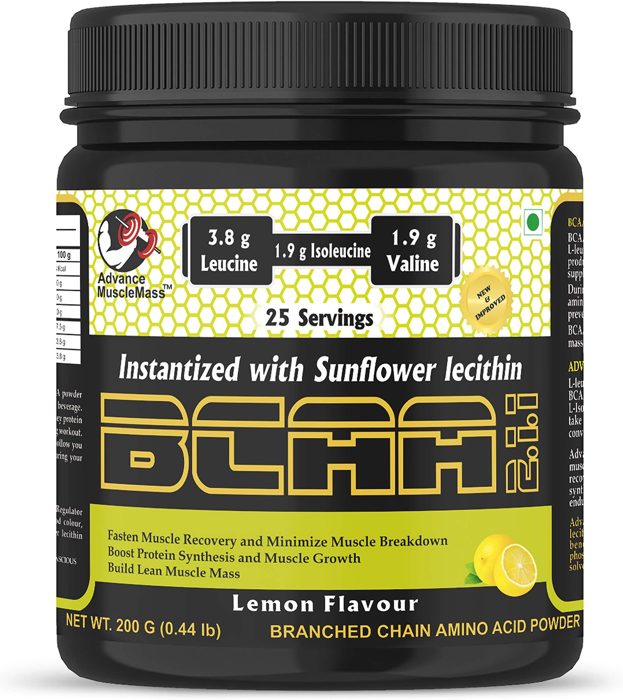 Advance MuscleMass BCAA 2 : 1 : 1 | Energy drink for Workout | 7.6 G BCAA | 3.8 G Leucine | 1.9 G Iso-Leucine | 1.9 G Valine| Instantized with Sunflower Lecithin| Lemon Flavour | 200 GM / 0.44 lb