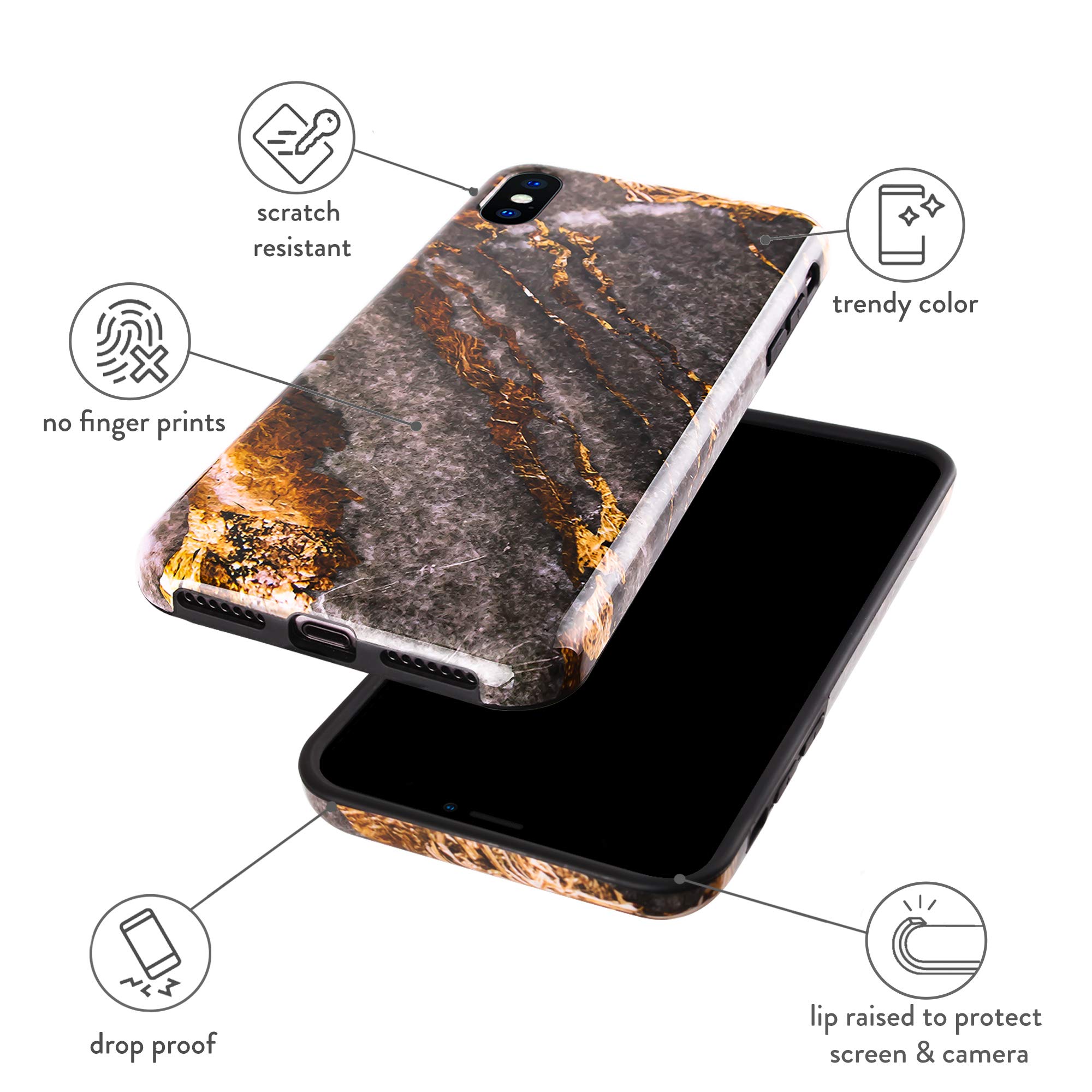 honua. iPhone Xs Max Marble Case, Cute and Protective Shockproof Design Full Body Case for iPhone Xs Max - Glossy Golden Gray