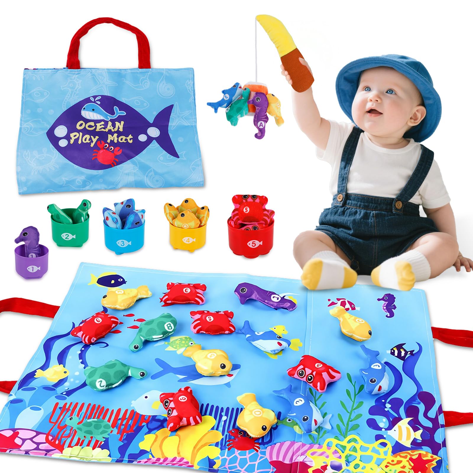 Verdantree Toddlers Montessori Toys for 1 Year Old Boys Girls, 22 pcs Fishing Game Soft Play for Baby 1-3 Ages 12-36 Mons Counting, Color Sorting, Stacking, Shape, Letter Learning Gifts (Sea style)