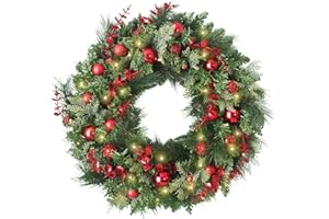 ECERANGUS 24Inch Christmas Wreaths, Christmas Wreaths for Front Door with Balls Ornaments, Eucalyptus and Battery Operated LED Lights, Large Artificial Xmas Wreath with Timer for Outdoor Holiday Decor