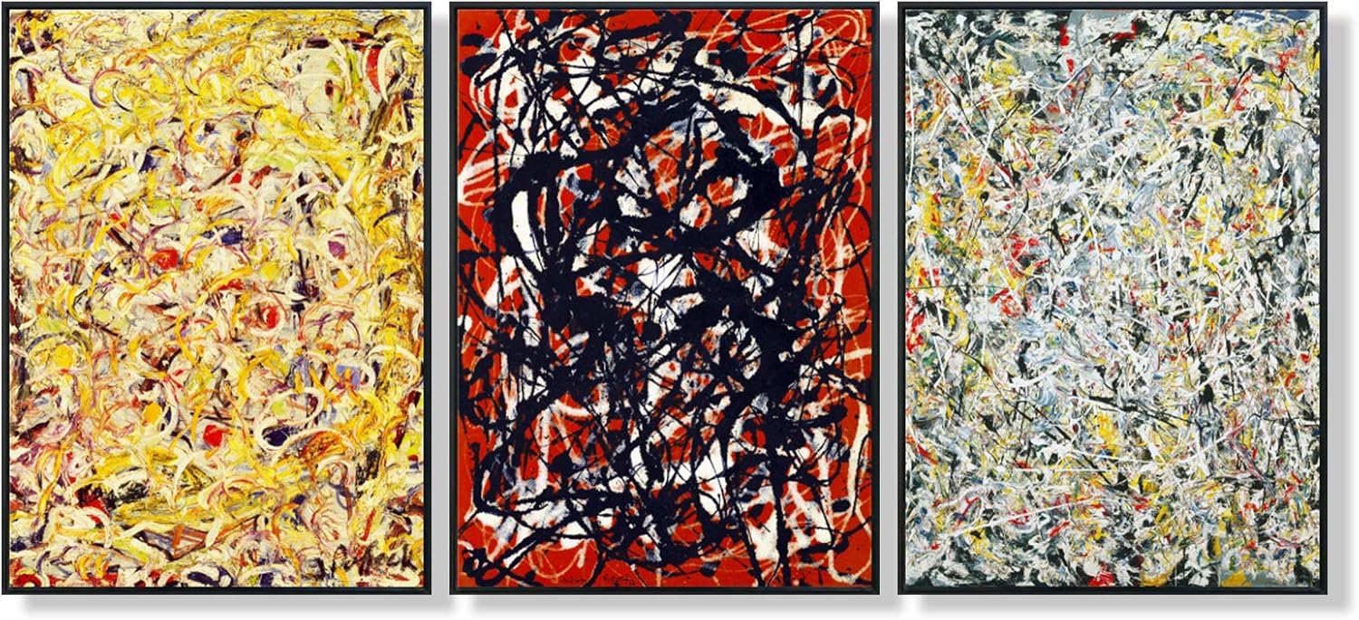 Doy Art-Framed Artworks 3 Panel by Jackson Pollock Series#1 Giclee Canvas Print Oil Paintings Reproduction Picture Wall Art for Bedroom Living Room Kitchen Home Decor(32
