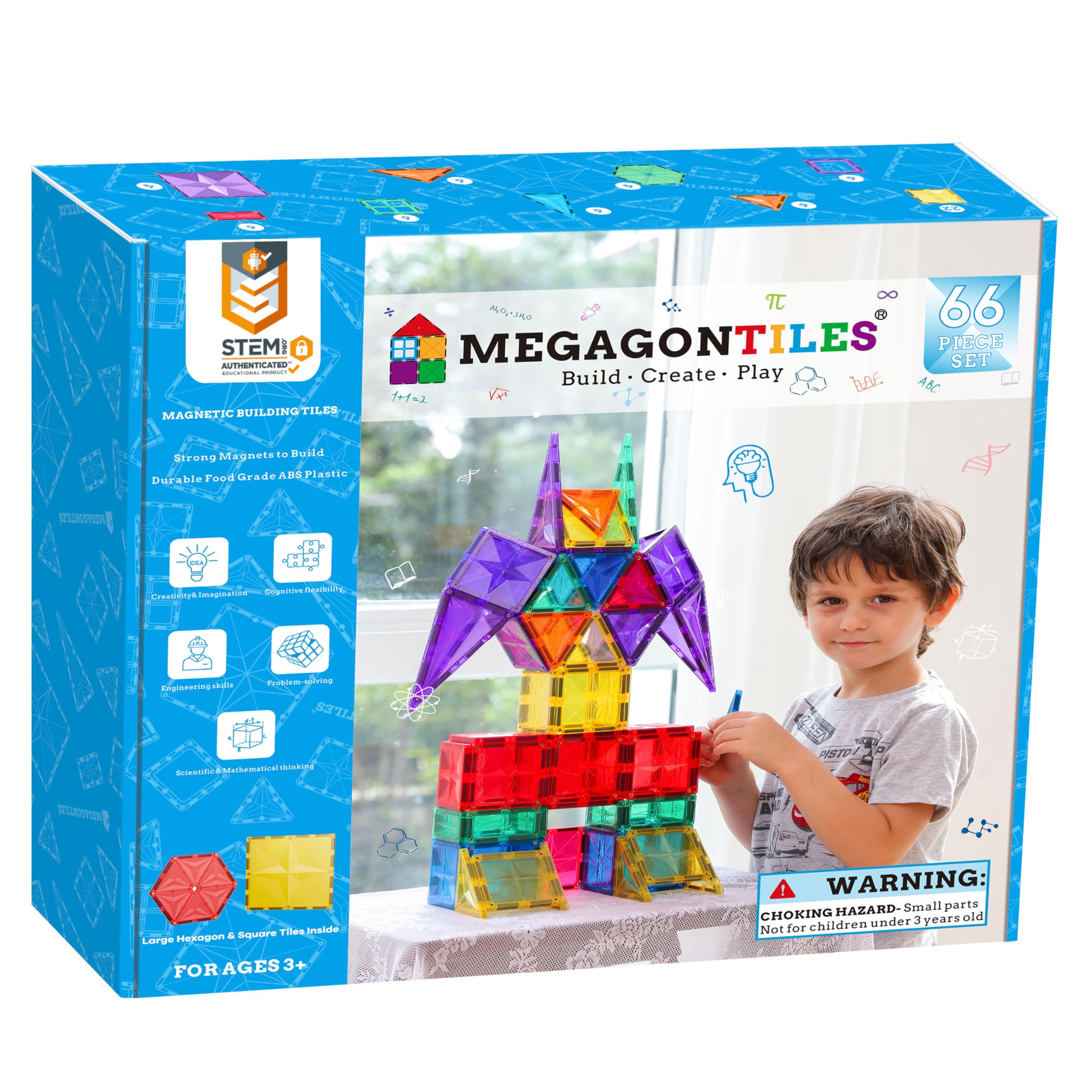 MEGAGONTILES 66PCS Premium Polygon Magnetic Tiles Set | STEM-Authenticated Magnetic Building Blocks | Educational Construction Toy for Kids Ages 3–8 (Boys & Girls)