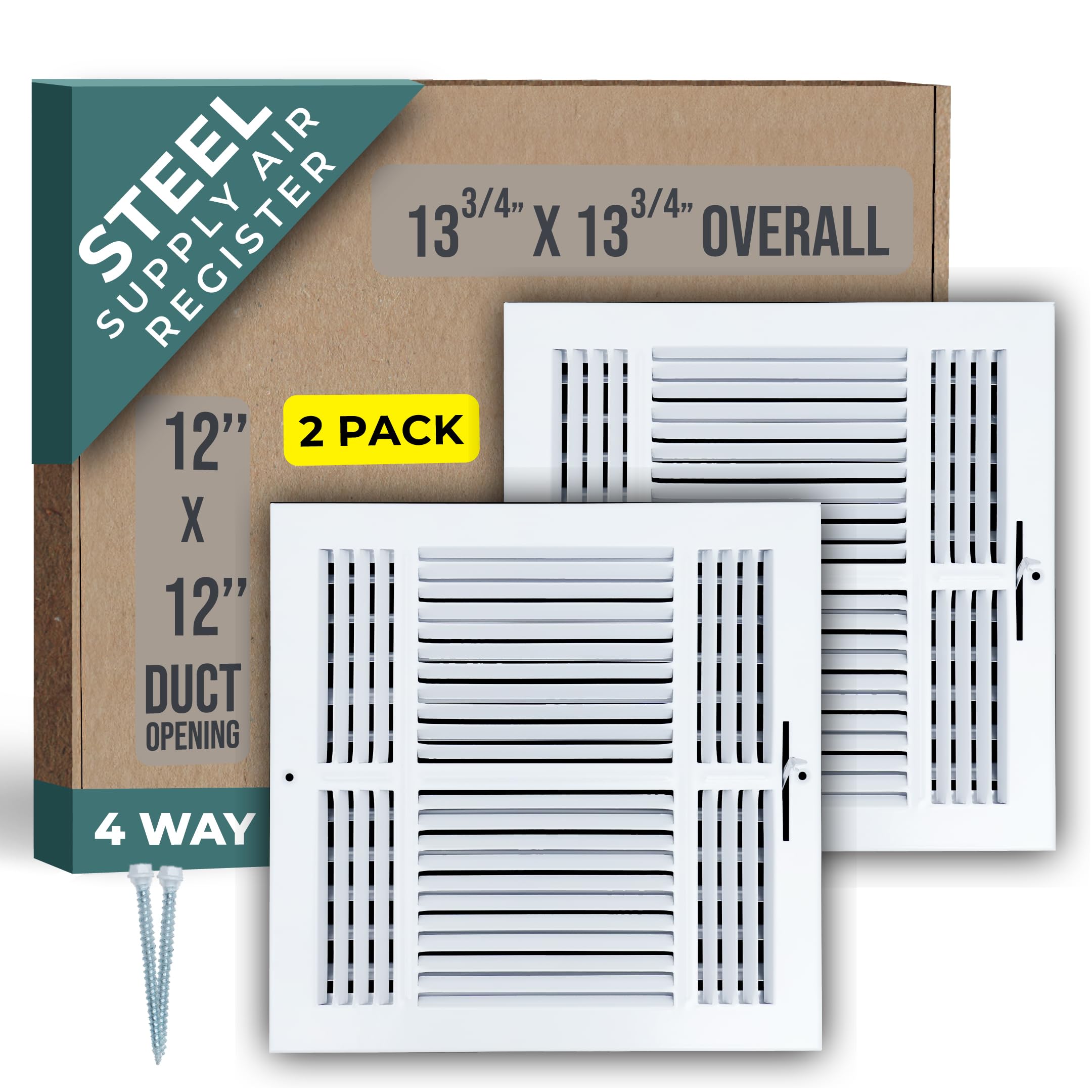 Photo 1 of [2 Pack] Fits 12x12 Duct Opening 4 Way Steel Air Supply Diffuser by Handua | Register Vent Cover Grille for Sidewall and Ceiling | White | Outer Size: 13.75" X 13.75"