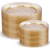 200 Pcs Gold Glitter Plastic Plates - Disposable Party Plates, Gold Glitter Disposable Plate Include 100 Dinner Plate and 100 Dessert Plate, Plastic Plate for Party, Holiday, Wedding & Birthday