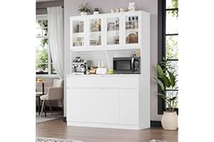 Keyluv 75" Tall Kitchen Pantry Storage Cabinet with Drawers and Glass Doors, 55" Wide Kitchen Hutch Cabinet with Microwave Stand Coffee Bar, Food Pantry with Hutch Shelf for Dining Room, White
