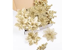 Jilimeli 24Pcs Christmas Poinsettia Artificial Flowers and Glitter Berries Kit, 2 Styles Total 16Pcs Christmas Tree Flowers Ornaments, 8Pcs Christmas Tree Picks for Wedding Holiday Decorations, Gold