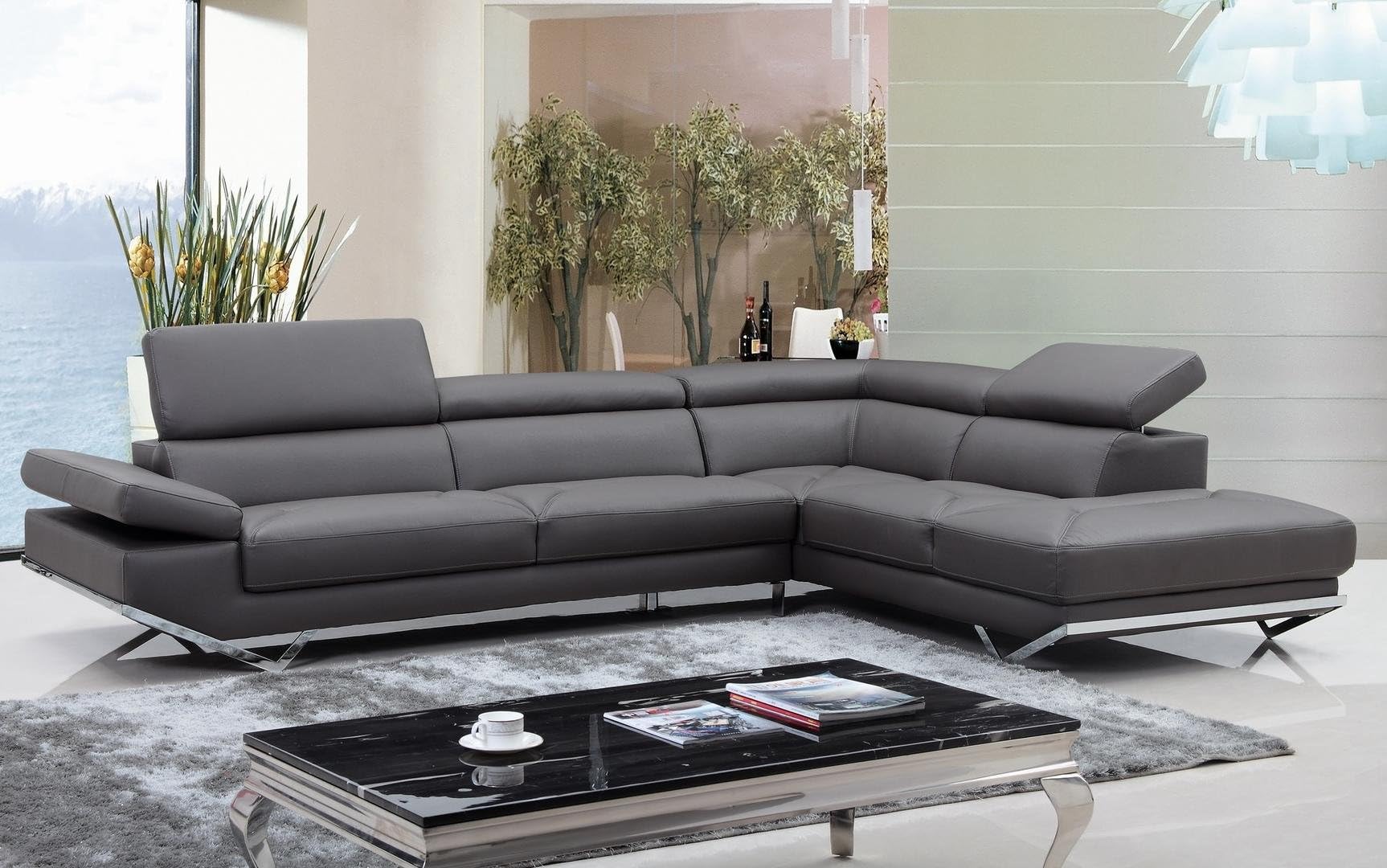 VGKNK8488-ECO-GRY Divani Casa Quebec Sectional Sofa with Adjustable Headrests Right Facing Chaise Metal Legs and Eco-Leather Upholstery in Dark Grey