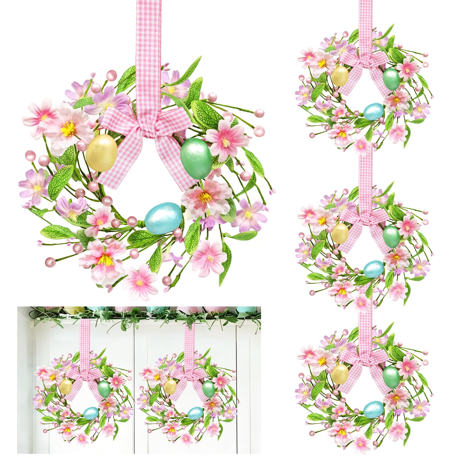 Photo 1 of Easter Decorations 4 Pack 12 Inch Easter Wreath for Kitchen Cabinets Window, Mini Easter Wreath with Colorful Eggs Flowers Berried Leaves Bow Artificial Easter Wreaths for Door Wall Stair Home Decor