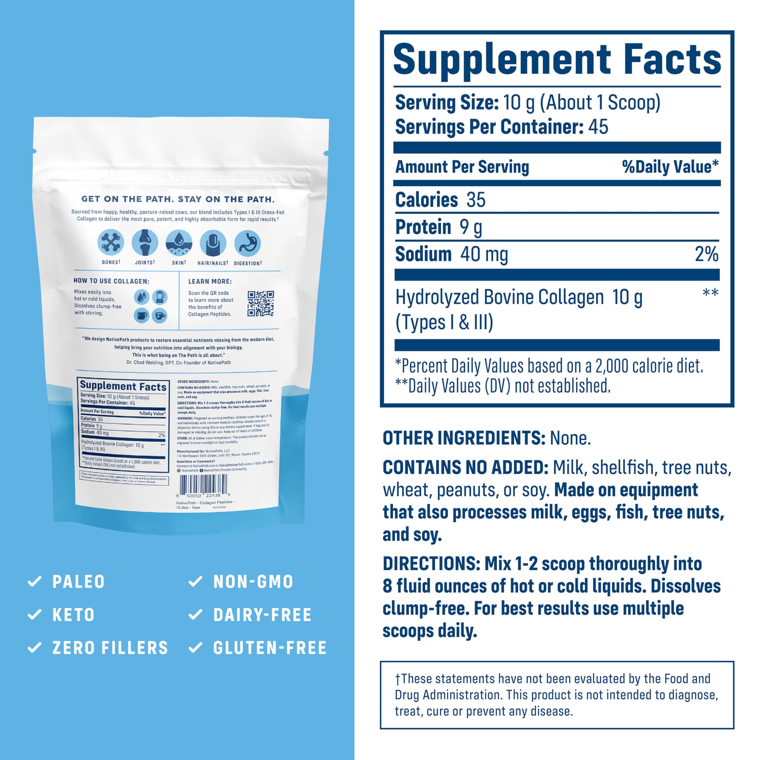 NativePath Collagen Peptides Protein - Hydrolyzed Type 1 & 3 Collagen Powder for Skin, Hair, Nails - 15.9 oz (45 Servings)