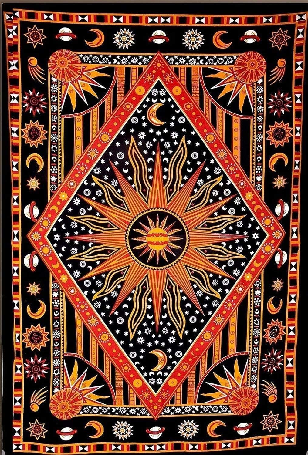 Tapestries - THE ART BOX Burning Sun Tie Dye Tapestry, Celestial Sun Moon Star Planet Bohemian Poster Trippy Tablecloth Psychedelic Bedspread Wall Hanging Boho Hippie Beach Coverlet Curtain (Orange Medium (135 x 150 Cms / 54 x 60 inch))