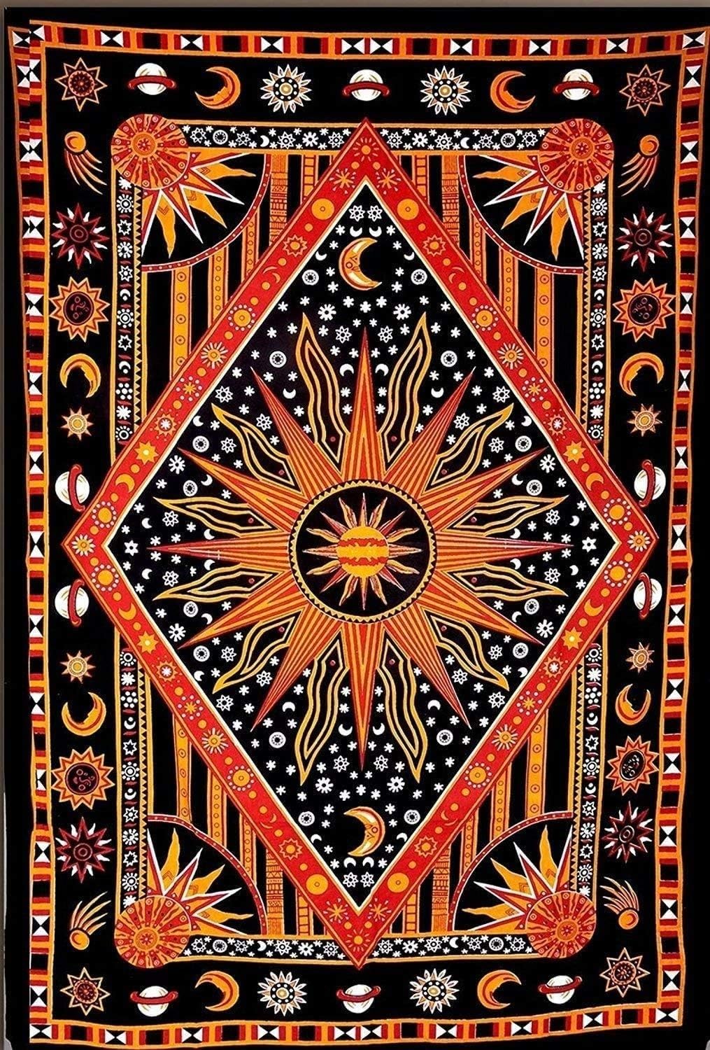 THE ART BOX Celestial Zodiac Mandala Tapestry – Golden Orange Cotton Wall Hanging for Bedroom or Living Room, 77x102 cm