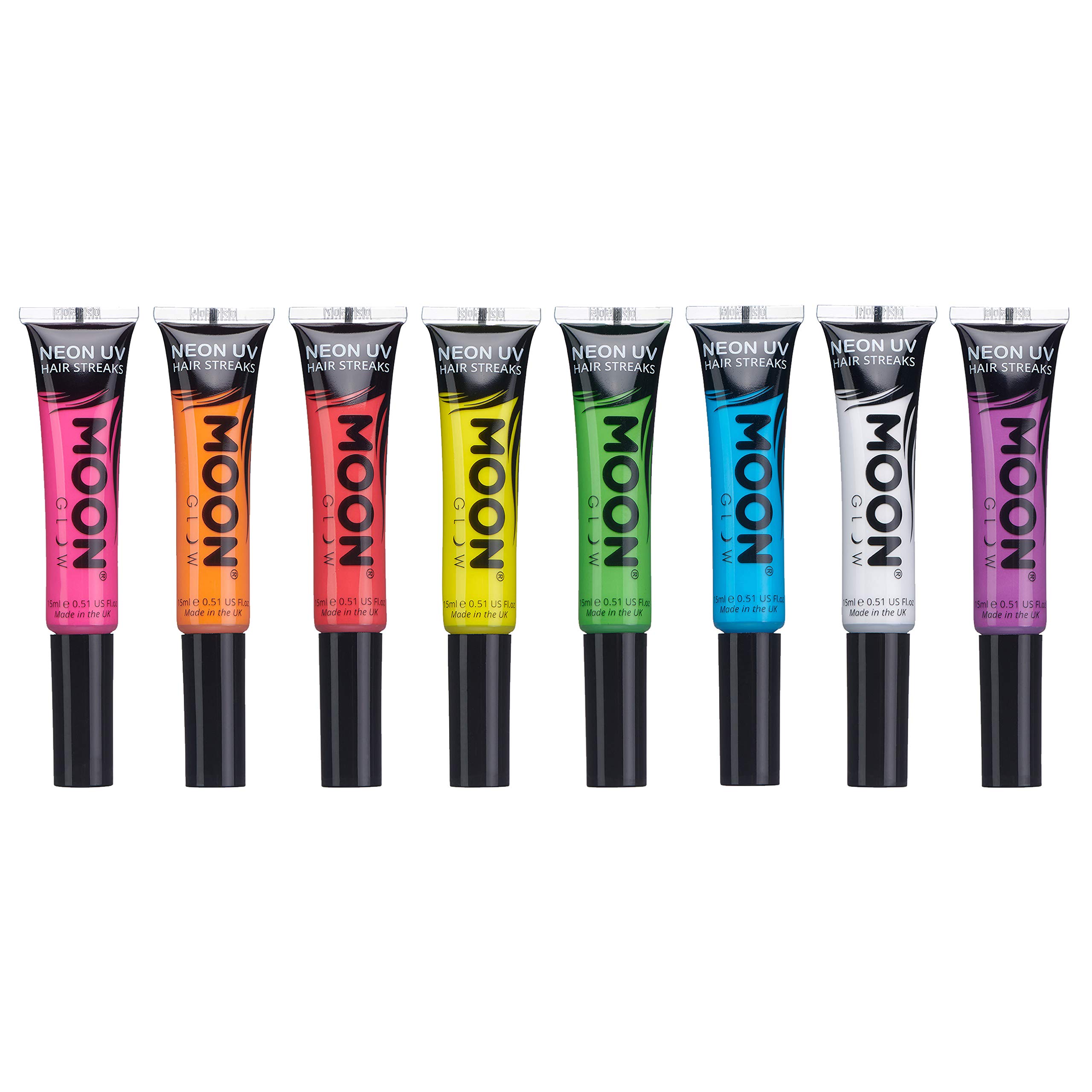 Moon Glow Neon UV Hair Colour Streaks | Set of 8 | Hair Mascara - Temporary Wash out Hair Dye | Bright Neon Colour, Glows under UV Lighting