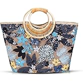 QTKJ Tote Bag for Women, Beach Bag, Sequin Embroidery Straw Bag, Hand-Woven Rounded Bamboo Handle, Bohemian Handbag Large Capacity Shoulder Bag Suitable for Travel Daily(Black)