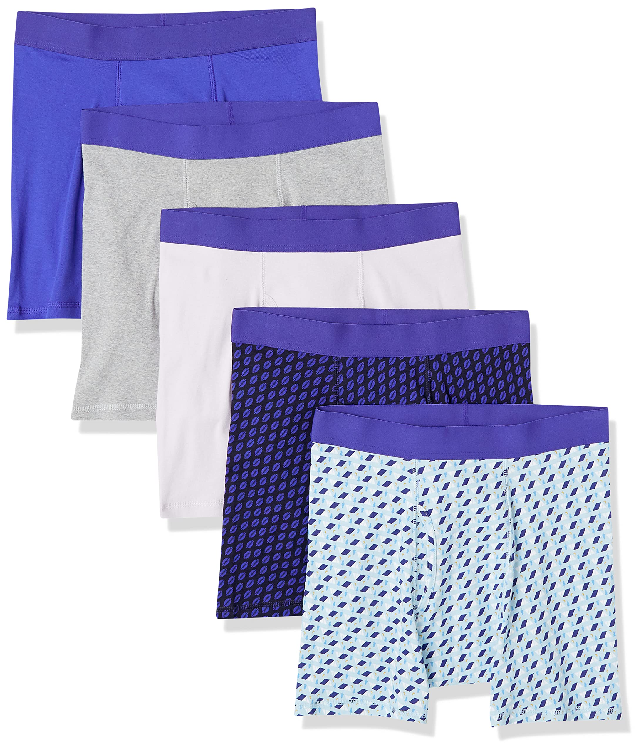 Photo 1 of Amazon Essentials Men's Underwear Boxer Briefs, Comfortable Cotton, Tag-Free, Pack of 5, Black Rugby Print/Grey Heather/Royal Blue/Sky Blue Mixed Print/White, 3X-Large
