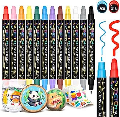 Betem 12 Colors Dual Tip Acrylic Paint Pens Markers, Premium Acrylic Paint Markers Stocking Stuffers for Rock, Wood, Fabric, Glass, Canvas, Ceramic, Christmas Gifts for Teens DIY Crafts Art Supplies