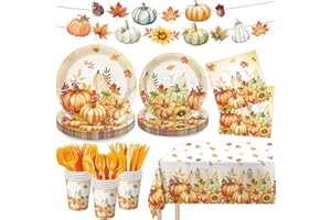 LINHAXM 170PCS Fall Party Decorations Kit Includes Pumpkin Harvest Disposable Paper Plates, Napkins, Cups, Cutlery, Banner, Tablecloth for Autumn Holiday Thanksgiving Autumn Party Decorations, Serve 24