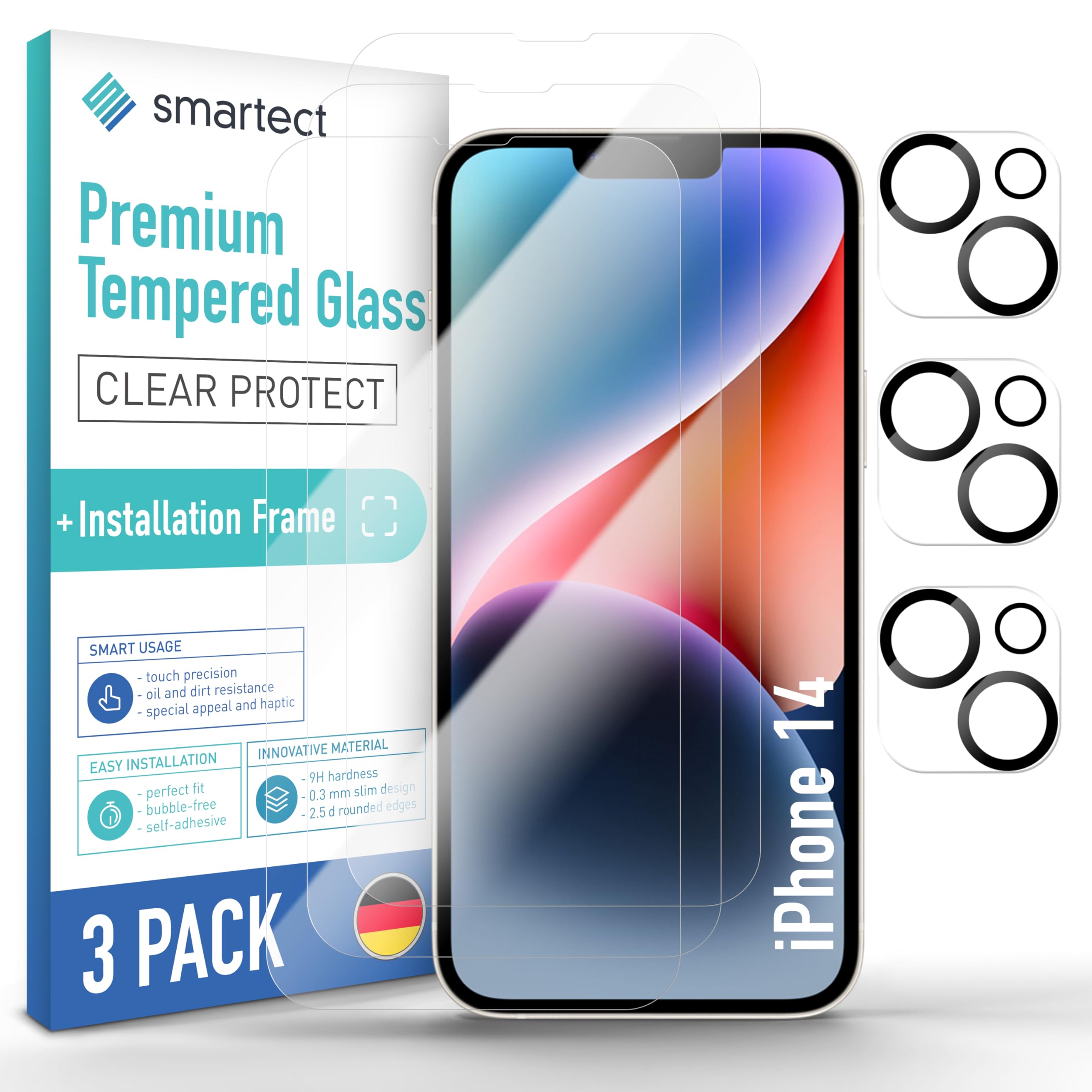 smartect Glass Screen Protector [3 + 3 Pieces, Ultra-Clear] for iPhone 14, Display + Camera, incl. Installation Frame, HD Protective Film Anti Scratch, Bubble Free, 9H Hardness, Ultra Resistant