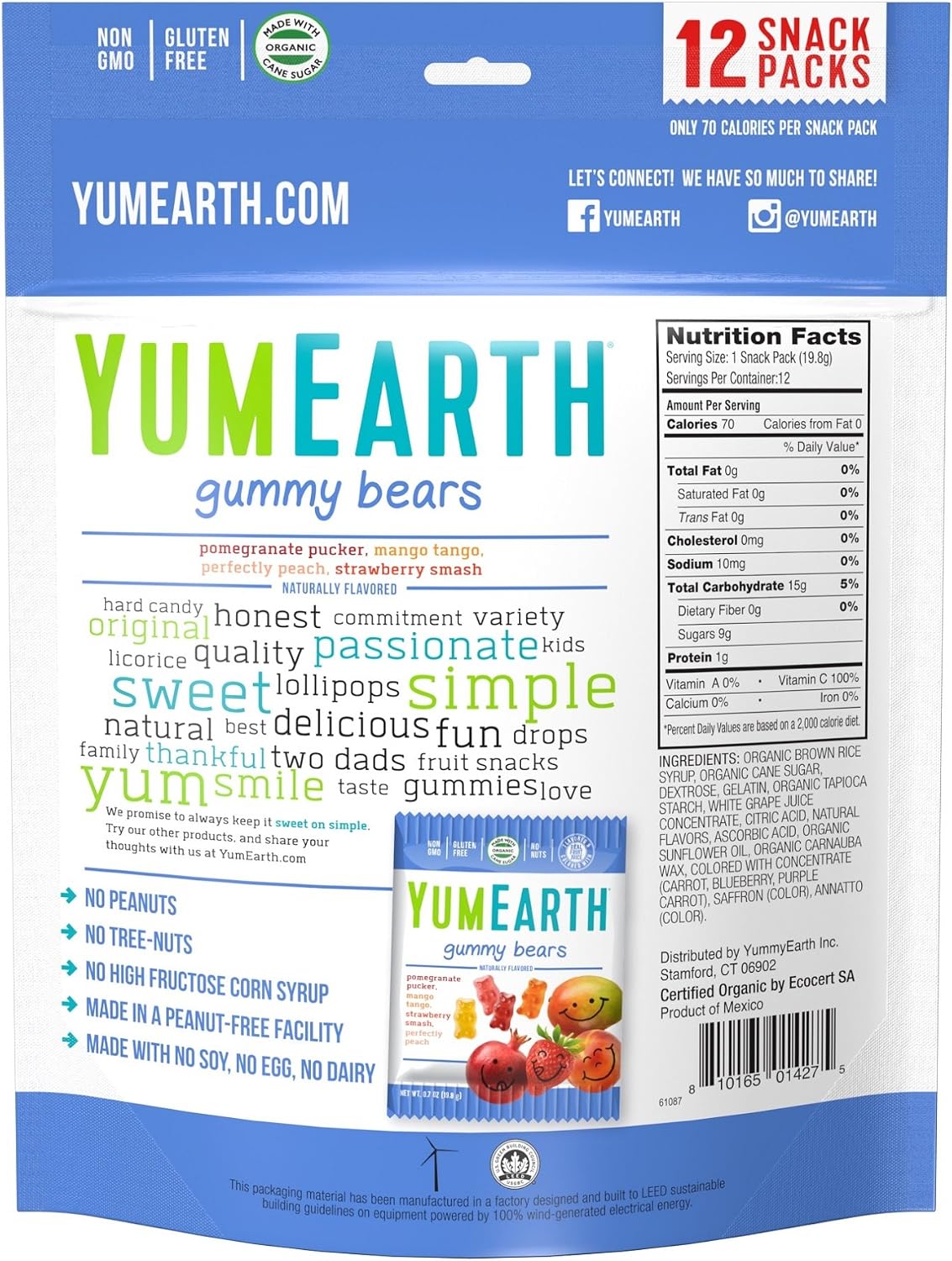 Yummy Earth Organic gummy bears - case of 120 packs - 0.9oz per pack (810165014275)
