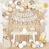 Ouddy Life White Gold Birthday Party Decorations Kit for Women Girls, Happy Birthday Banner, Sand White Metallic Gold Foil Confetti Balloons, Fringe Curtain, Cake Topper, Pompoms, Butterfly Supplies