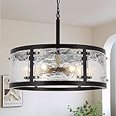 CNRATYE 23.6" Large Farmhouse Drum Black Chandelier, 6-Light Vintage Round Glass Chandeliers for Dining Room, Industrial Ligh