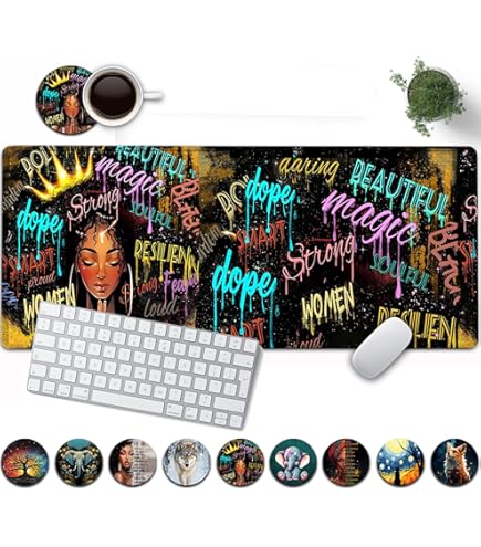 African American Black Girl Pattern Gaming Desk Mat With Coasters - Large 31.5x11.8 Inch Mouse Pad