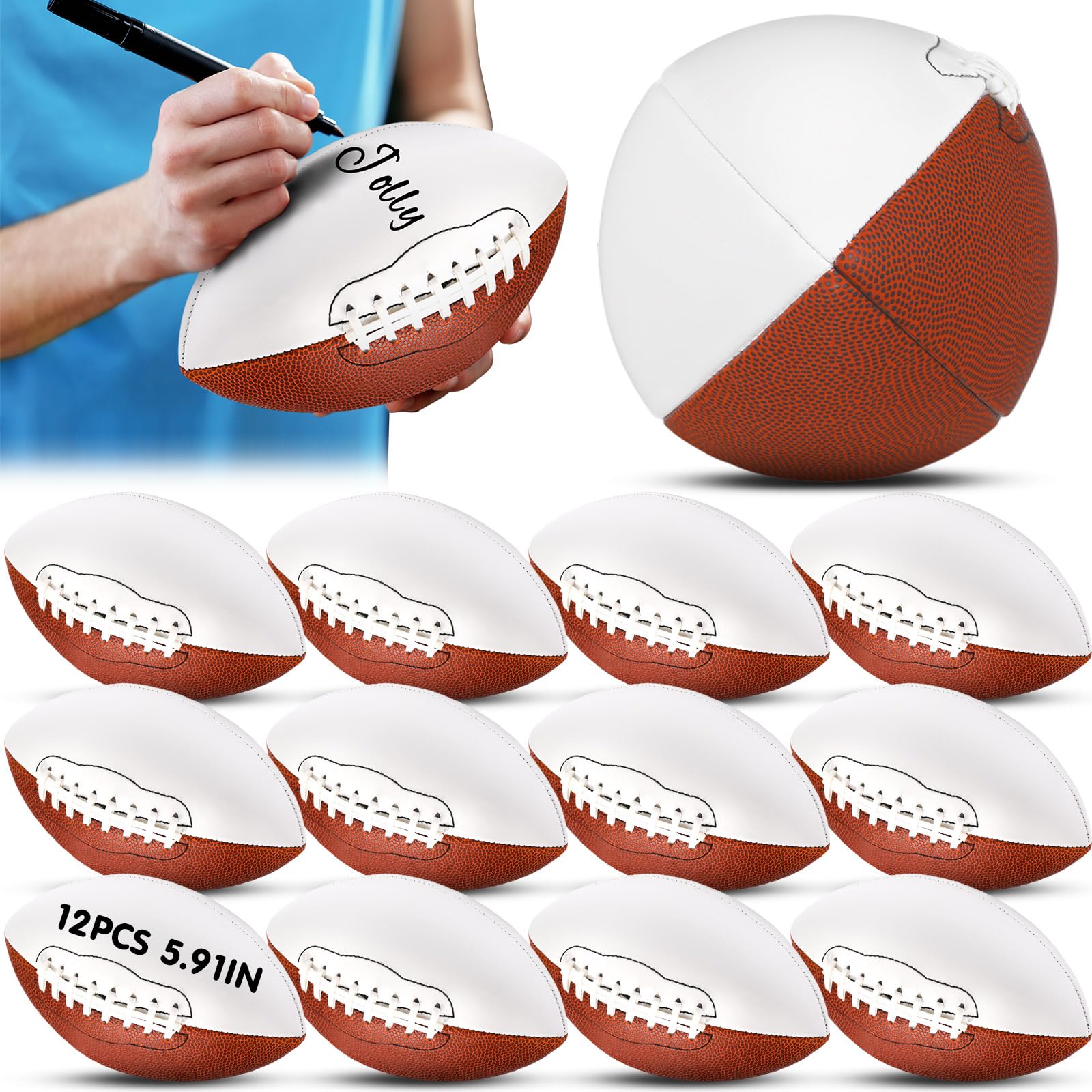 Photo 1 of Jenaai 6 Pcs 5.91 Inch Autograph Football Blank Mini Football Size 1 Autograph Customized Trophy for Rugby Game Wedding Garter Toss (12 Pcs,2 White Panels)