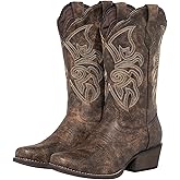 J's.o.l.e Women's Square Toe Cowboy Boots Mid Wide Calf Distressed Western Cowgirl Boots