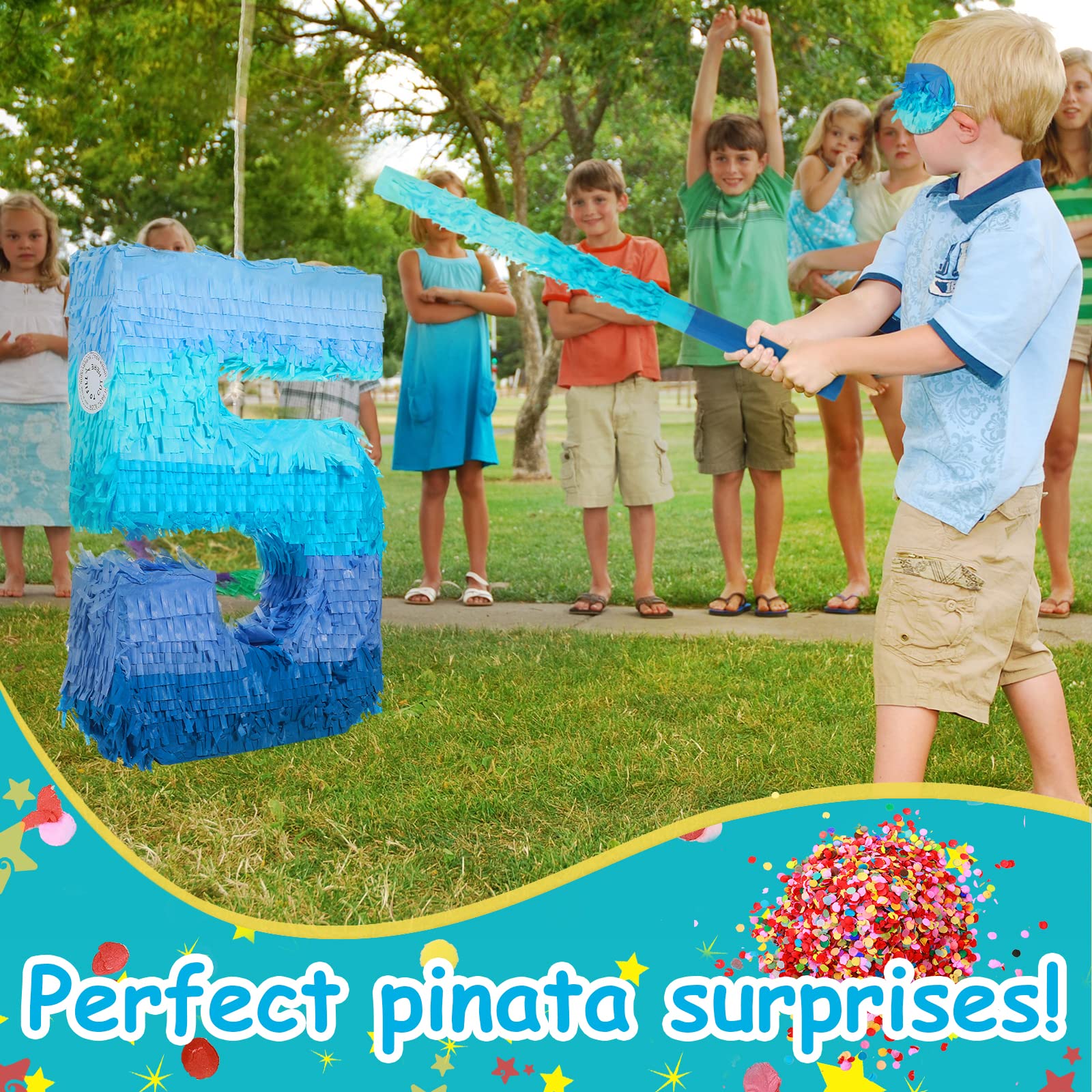 Sratte Number 1 2 3 4 5 6 7 8 9 Piñata with Stick Blindfold Confetti, Gradient Blue Piñata for Kids Boys Girls Birthday Party Anniversary Decorations Supplies(Number 5)