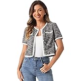 Allegra K Short Sleeve Tweed Jacket for Women Summer Crew Neck Button Front Cropped Cardigan