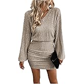 GORGLITTER Women's Mini Sweater Dress Long Lantern Sleeve Ribbed Knit V Neck Fall Winter Bodycon Short Dresses