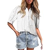 Dokotoo Women's Summer Tops Dressy Casual V Neck Short Sleeve Button Up Hollow Out Eyelet Lace Embroidered Blouses Shirts