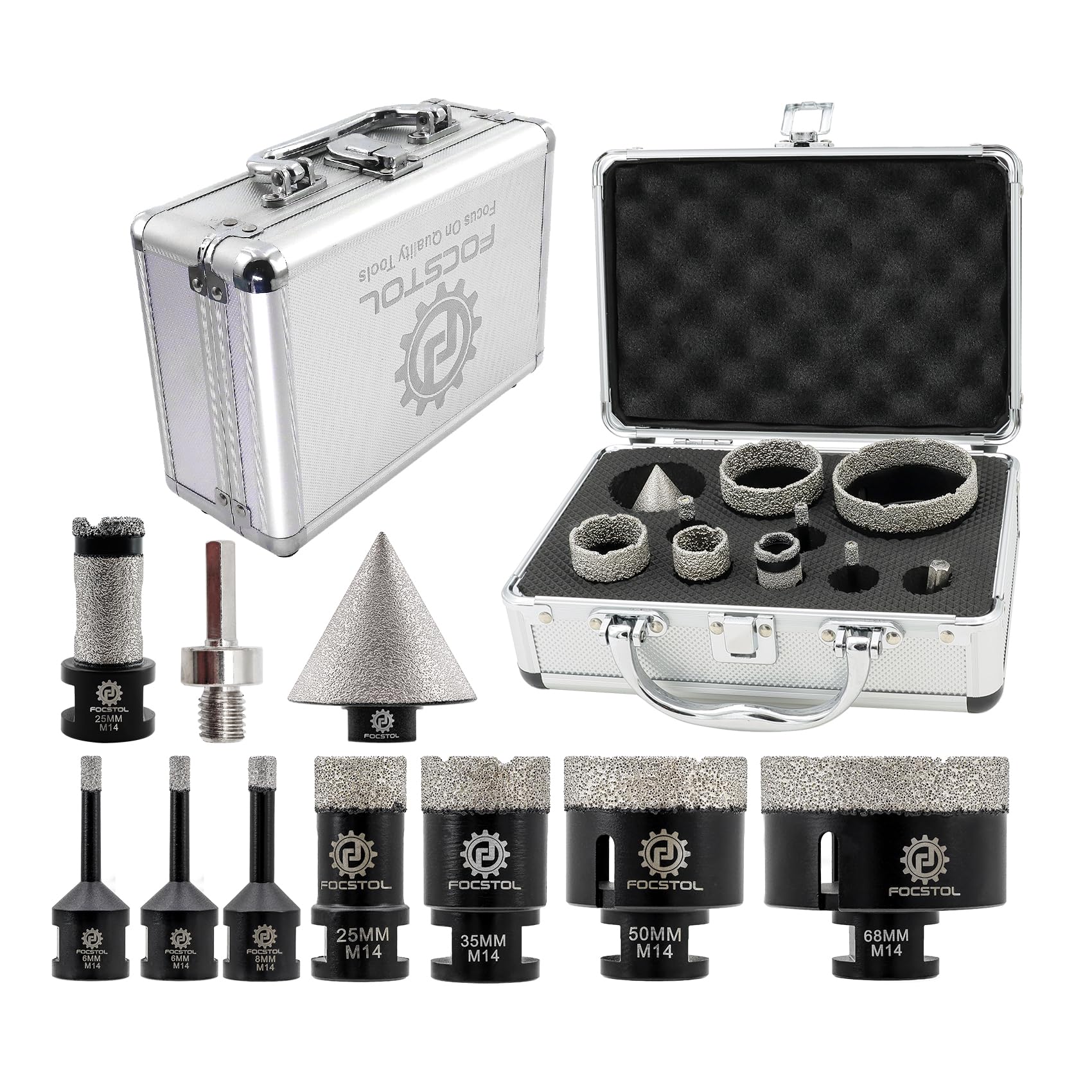 Diamond Core Drill Bits Set - FOCSTOL 10pcs (6/6/8/25/35/50/68mm+20mm Drilling Milling Bit+50mm Beveling Chamfer Bit+Hex) Diamond Hole Saw Kit for Porcelain Ceramic Tile Marble Granite — image 1