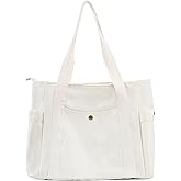 REDSINDA Canvas Tote Bag with Zipper, Multiple Pockets for Daily Essentials, Travel, Work
