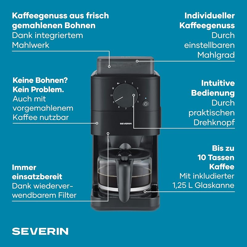 Filter-Kaffeemaschine mit Glaskanne, individueller Mahlgrad, 10 Tassen, 1,25L, Tropfstopp, inkl. Löffel, Permanentfilter, Reinigungsbürste, automatische Abschaltung, 1000W, schwarz, KA 9215