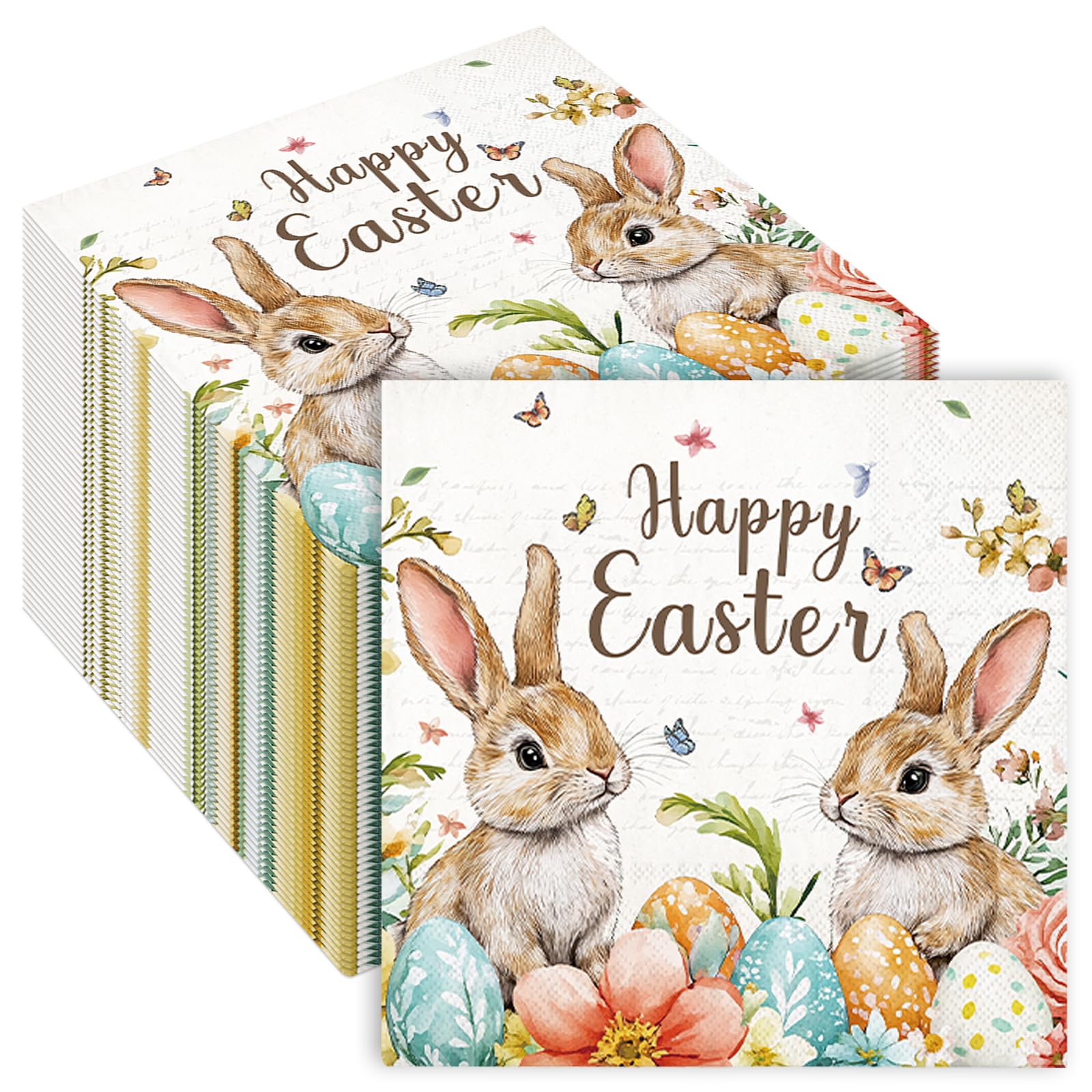 Photo 1 of 40 Pcs Easter Paper Napkins – 13 x 13 Inch “Happy Easter” Bunny Egg Spring Floral Disposable Napkins for Dinner, Brunch, Egg Hunt, and Spring Party Decorations