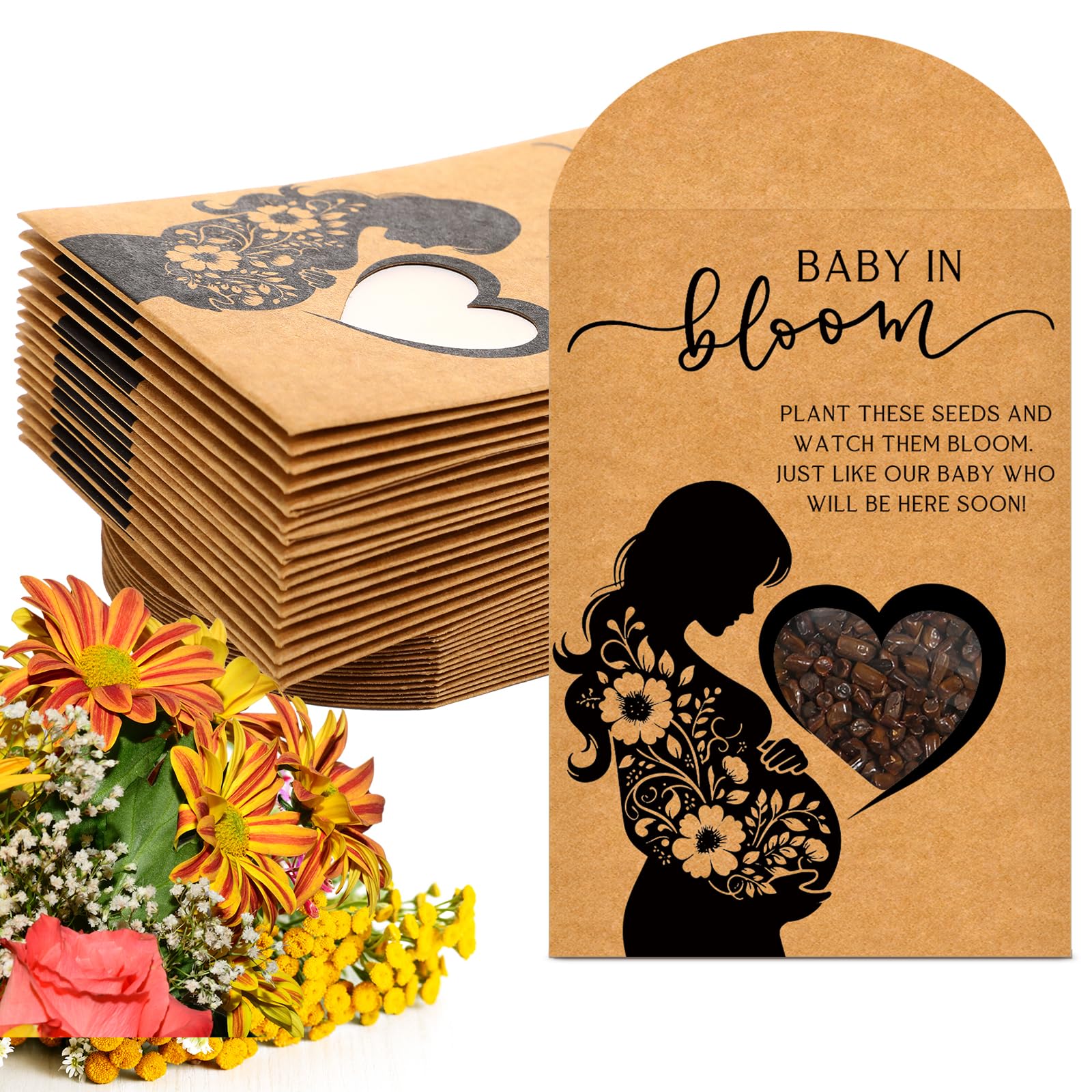 Photo 1 of Fumete 50 Pack Baby in Bloom Seed Packets Baby Shower Party Favor for Guest Envelopes Kraft with Clear Window Resealable Seed Organizer Storage Bag for Gender Reveal Party, No Seeds(Mom Flower)