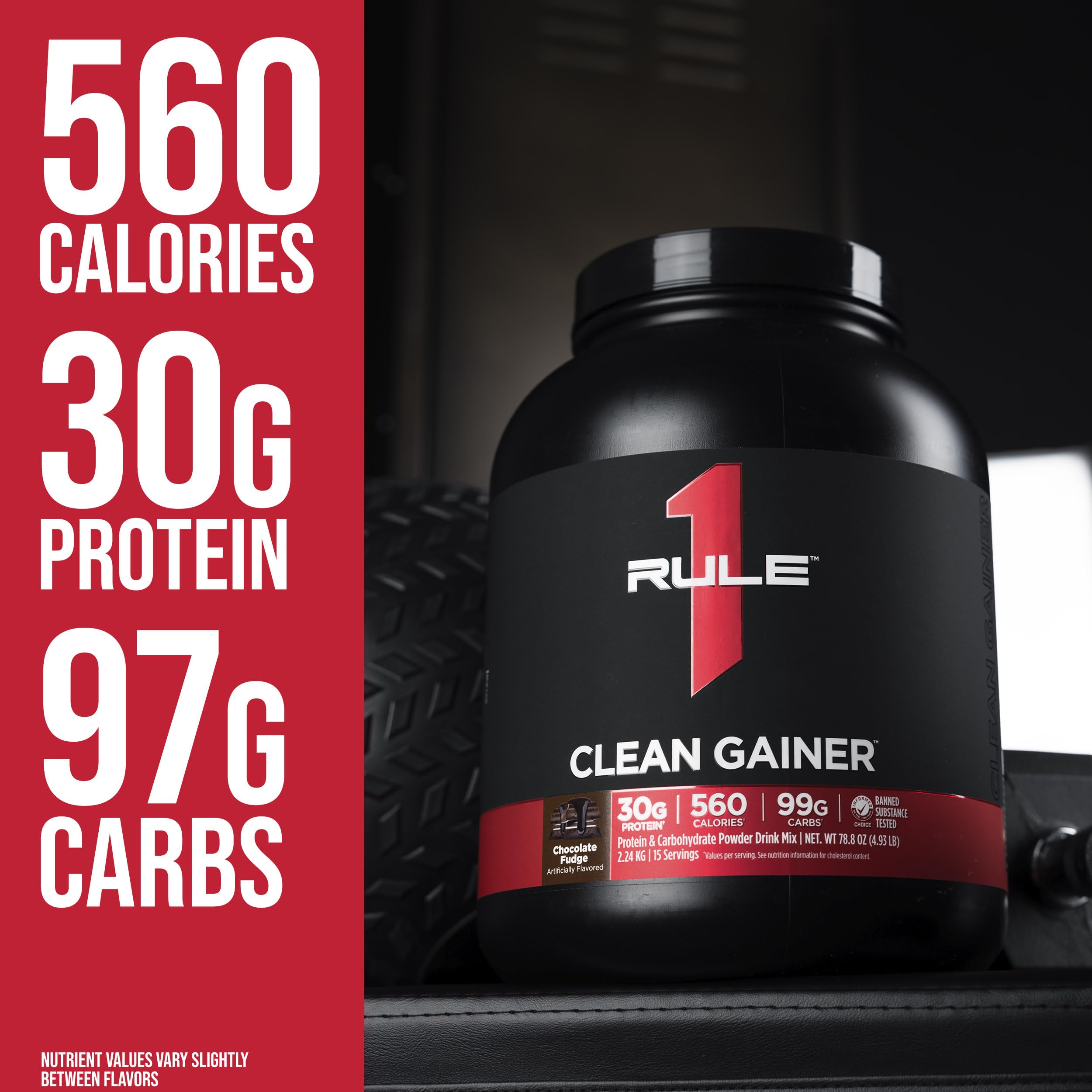 Rule 1 Clean Gainer - High-Protein Lean Gain Formula with 560 Calories, 30g of Full-Spectrum Protein, Over 90g Carbs, Under 6g of Fat (15 Servings, Chocolate Fudge)