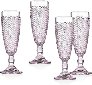 Twill Champagne Flutes Beverage Glass Cup by Godinger – Rose Pink – Set of 4