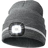 MELASA Reflective Stripe LED Beanie Safety High Visibility Winter Hat with Light for Outdoor Work Sports Gifts for Men Dad