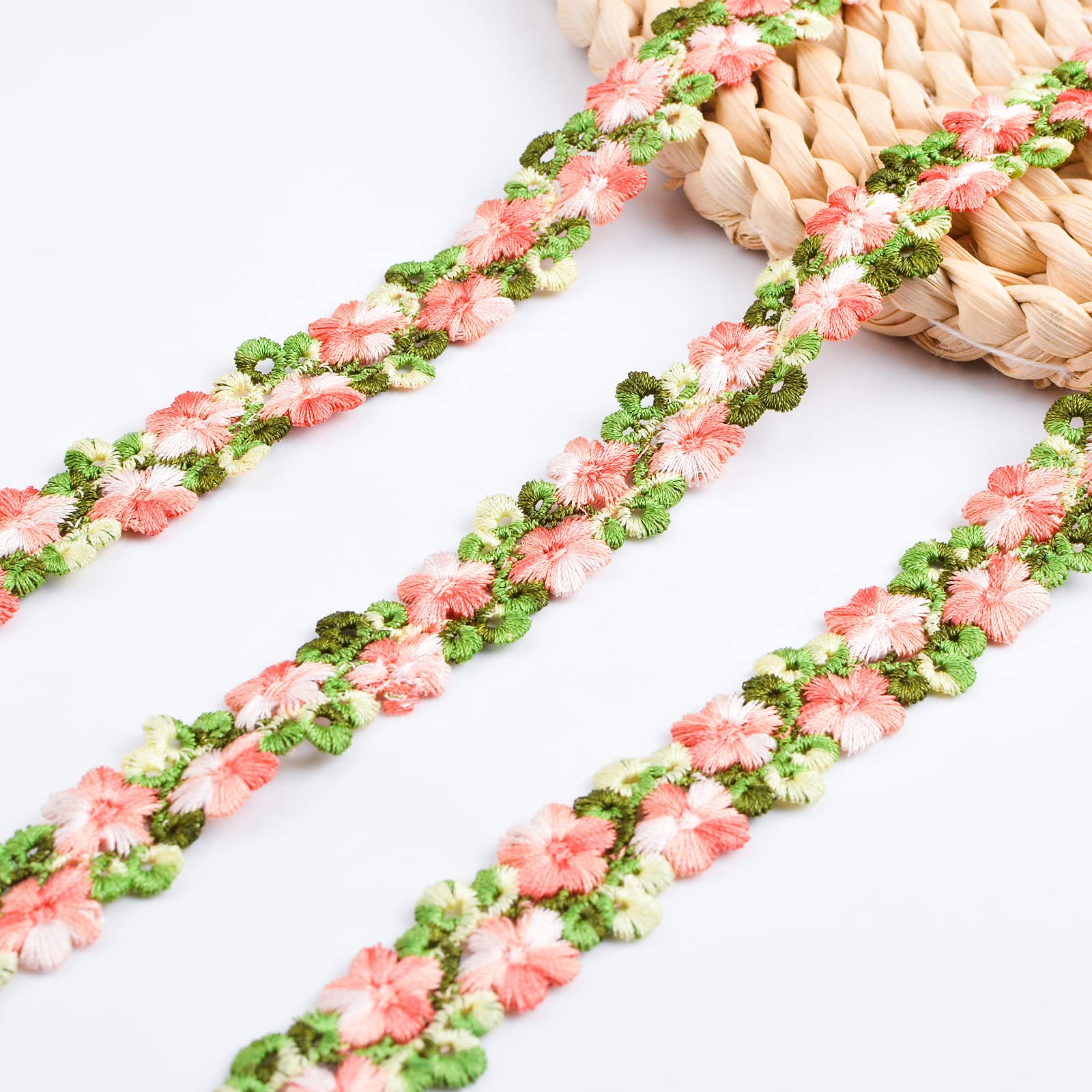 URROMA Rose Flower Red Lace Trim, 5 Yards Green Leaf Embroidery Applique for Wedding Dress Floral Lace Trim for Sewing DIY Crafts for Home Decor, 0.7in