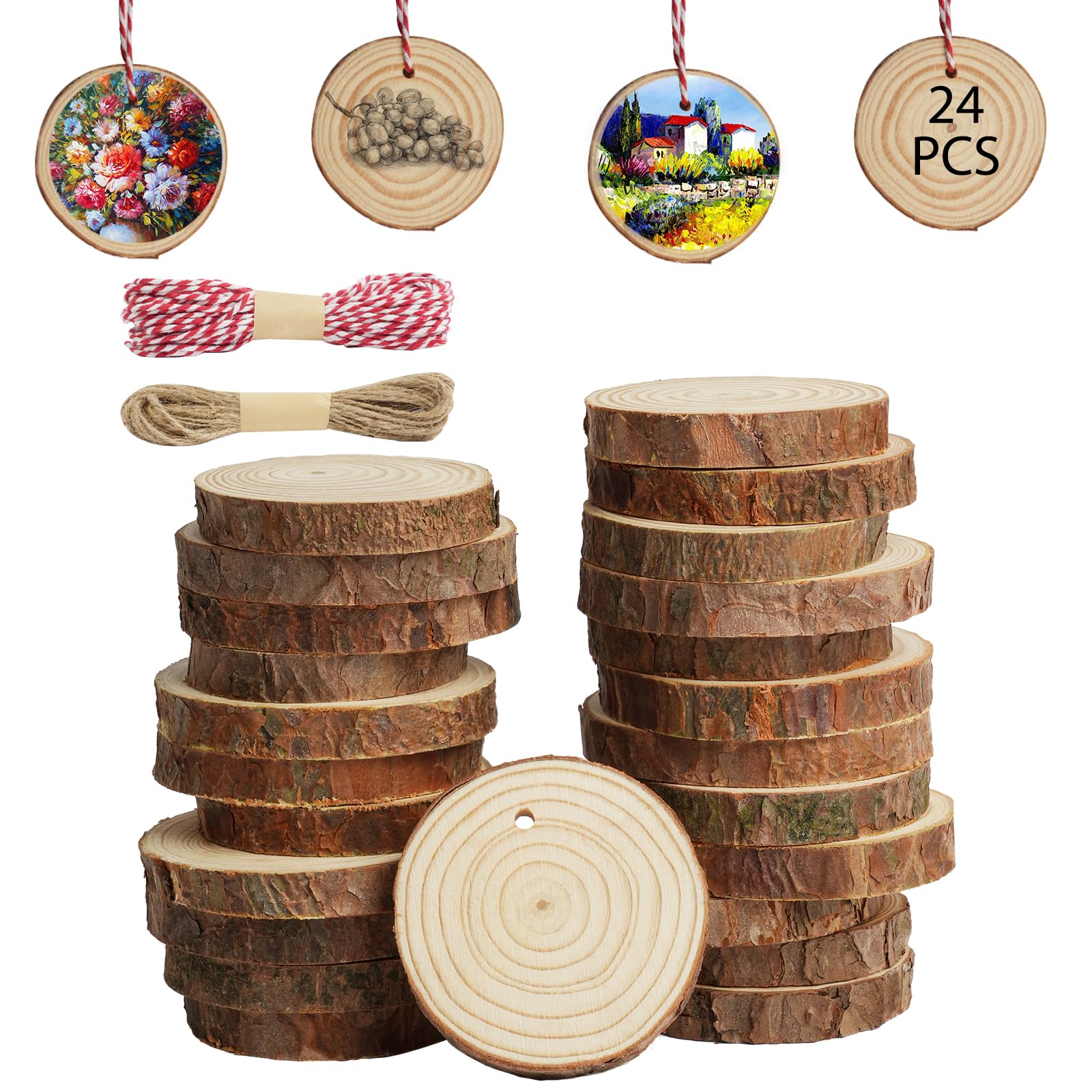 HOTUT 24 Pcs Pine Wood Slices, 6-7cm Round with Holes, 2 Ropes, DIY Crafts Wedding Decorations