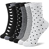 6 Pairs Cotton Crew Socks for Women, Breathable Novelty Funny Striped Dot Casual Cute Calf Socks Size 6-12