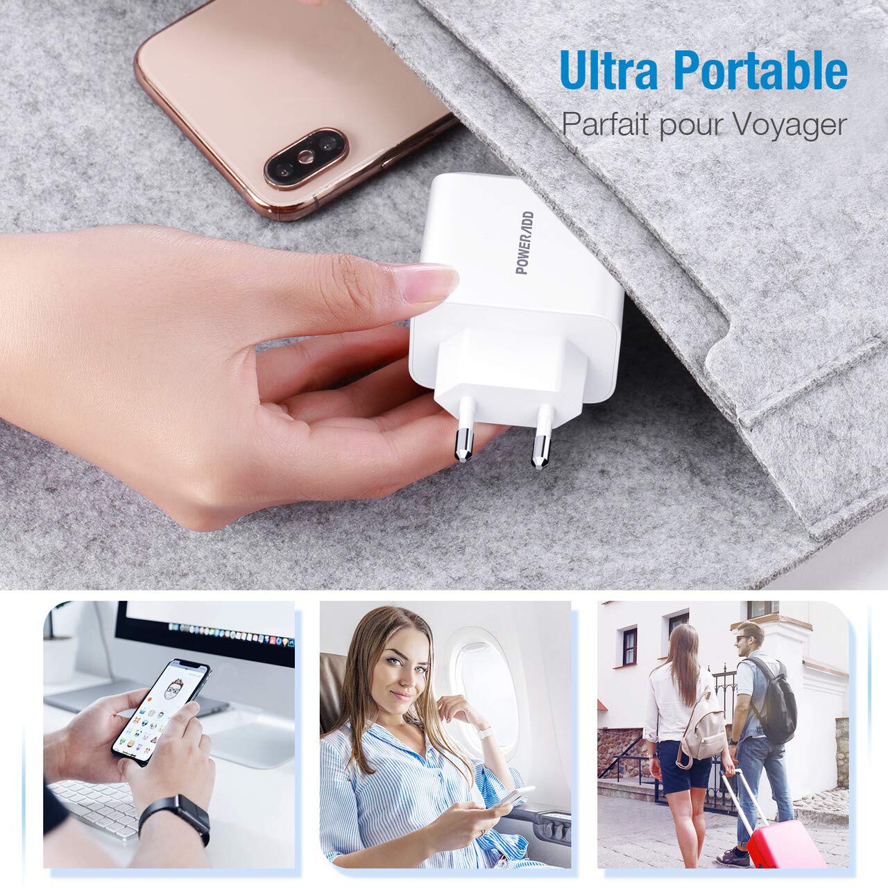 POWERADD Chargeur Secteur USB - 24W Deux Ports 5V/2.4A Anti-Chute Petite Taille Transporter à Facile Compatibilité Universelle pour iphone Huawei Xiaomi Samsung iPad Wiko Nexus etc