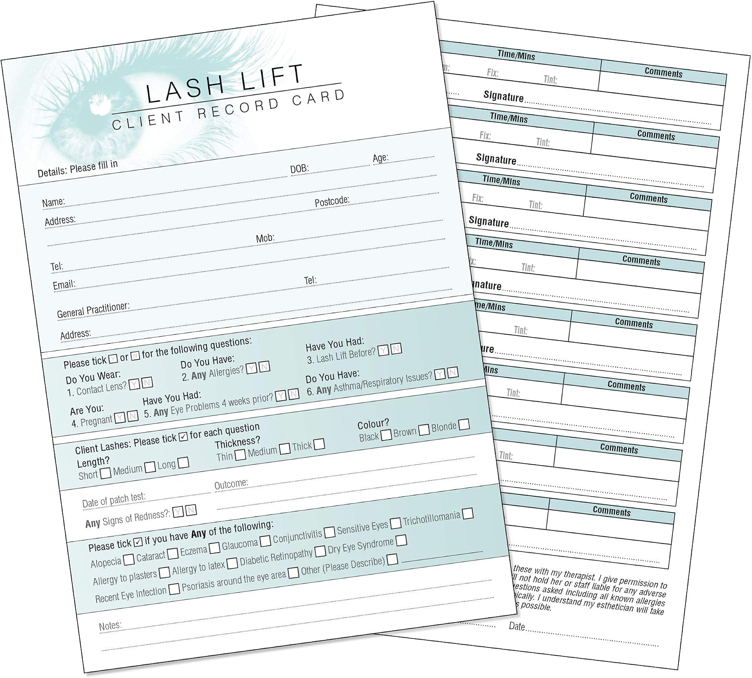 Lash Lift Client Record Card - Treatment Consultation Form for Mobile Therapists & Salons A6 Pack of 50 - Portrait