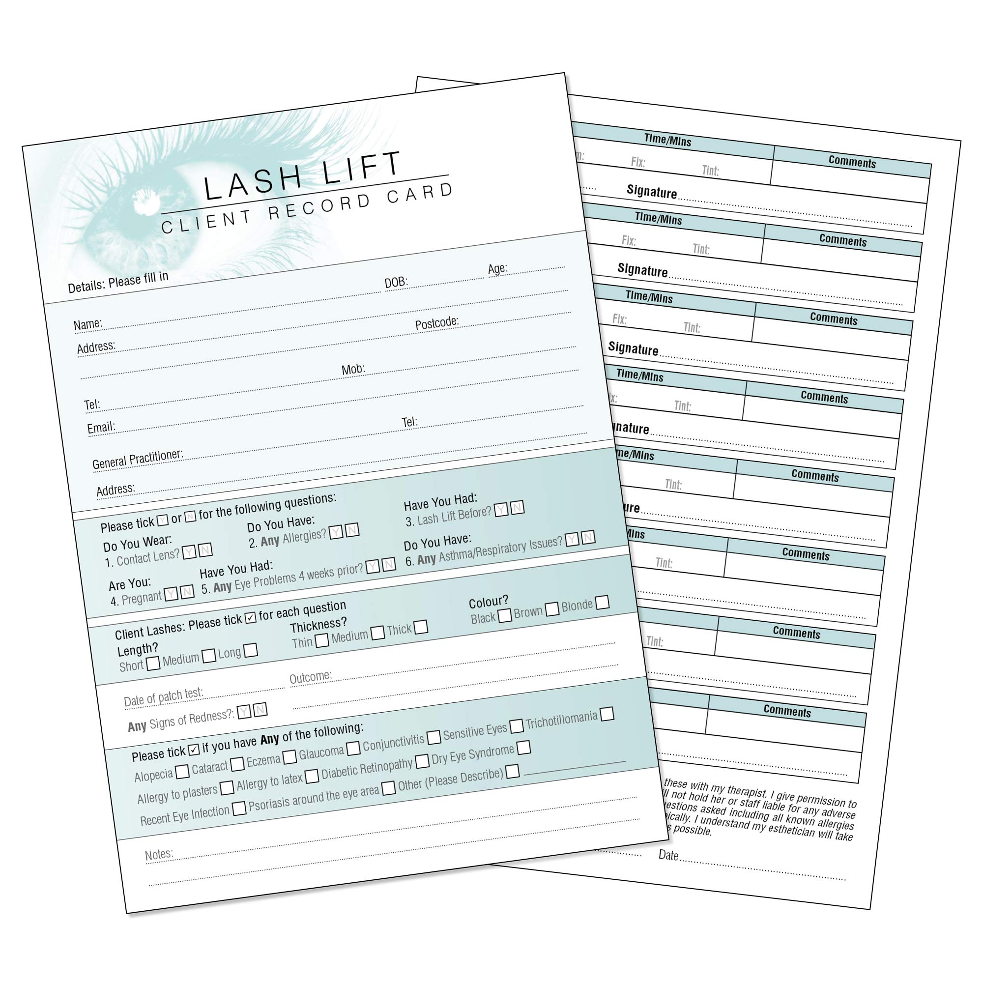 Lash Lift Client Record Card - Treatment Consultation Form for Mobile Therapists & Salons A6 Pack of 50 - Portrait
