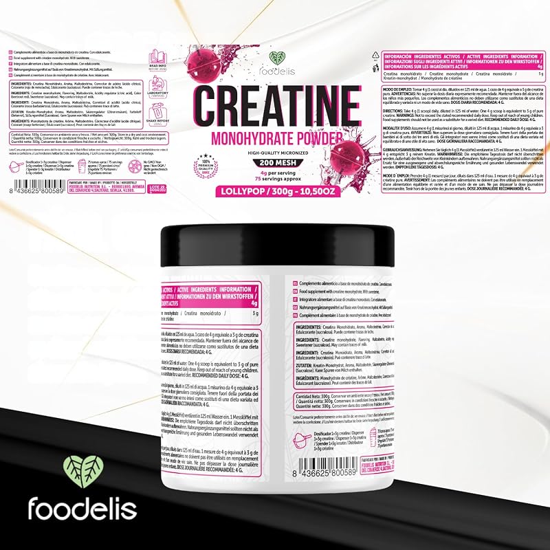 Creatina Monoidrato Micronizzata in Polvere 500 g, 125 Dosi | 100% Creatina Monoidrato | Gusto Lollipop | Alta Solubilità, Misurino Incluso