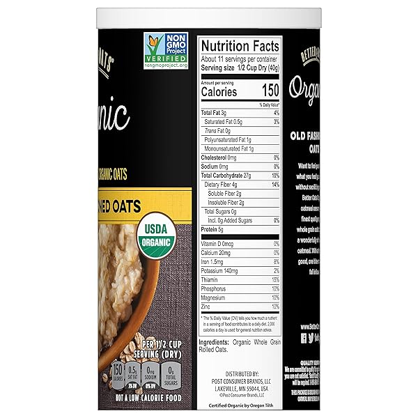 BETTER OATS ORGANIC OLD FASHIONED OATS, ORGANIC ROLLED OATS FOR OVERNIGHT OATS, HOT CEREAL, AND OTHER HOMEMADE OATMEAL RECIPES, CERTIFIED USDA ORGANIC, 16 OZ TUB