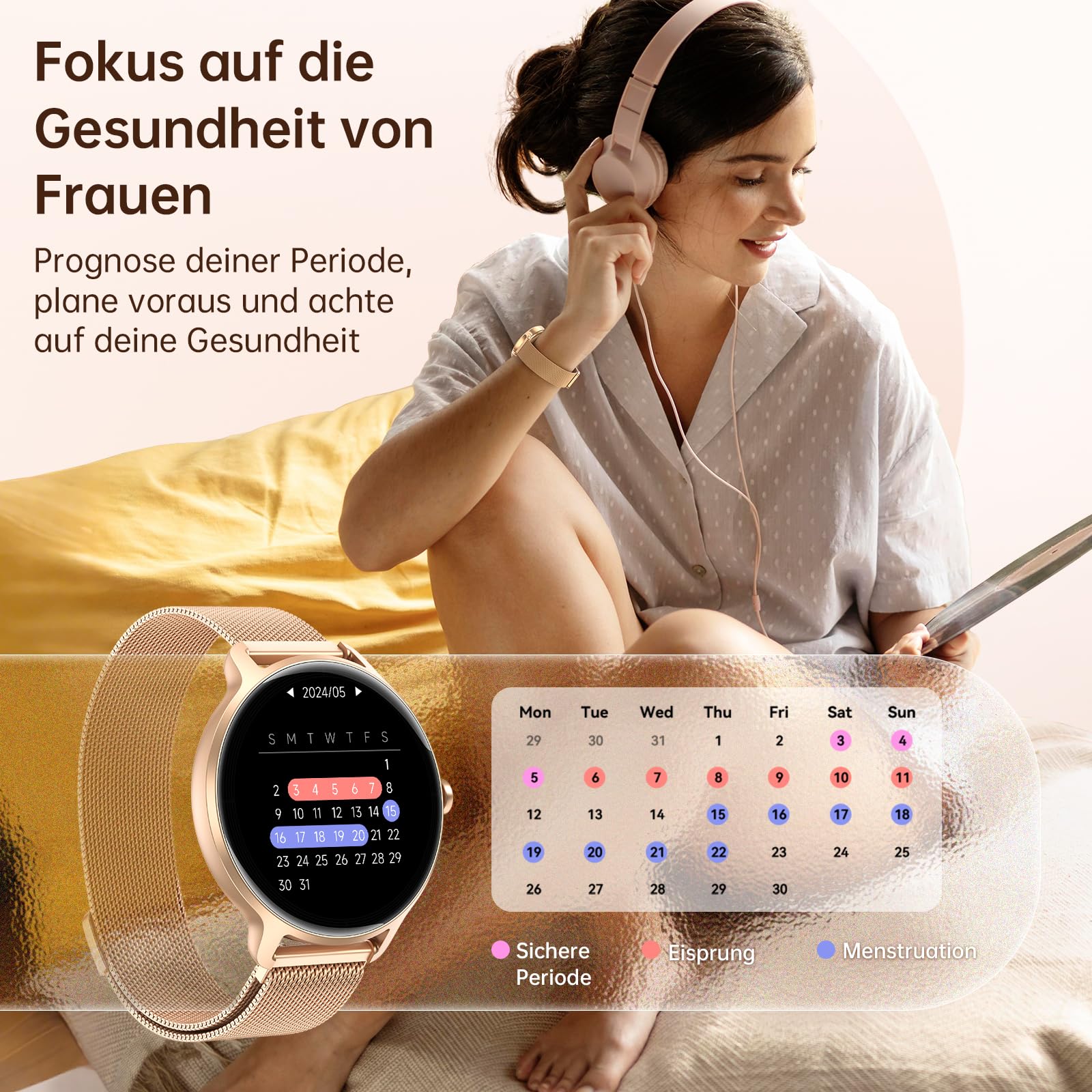 Smartwatch Damen Rund, 1.27" AMOLED Smart Watch mit Telefonfunktion, Fitnessuhr mit Pulsuhr Schlafmonitor Schrittzähler, 120+ Sportmodi Sportuhr IP68 Wasserdicht, Uhren Damen für Samsung iOS Android 6