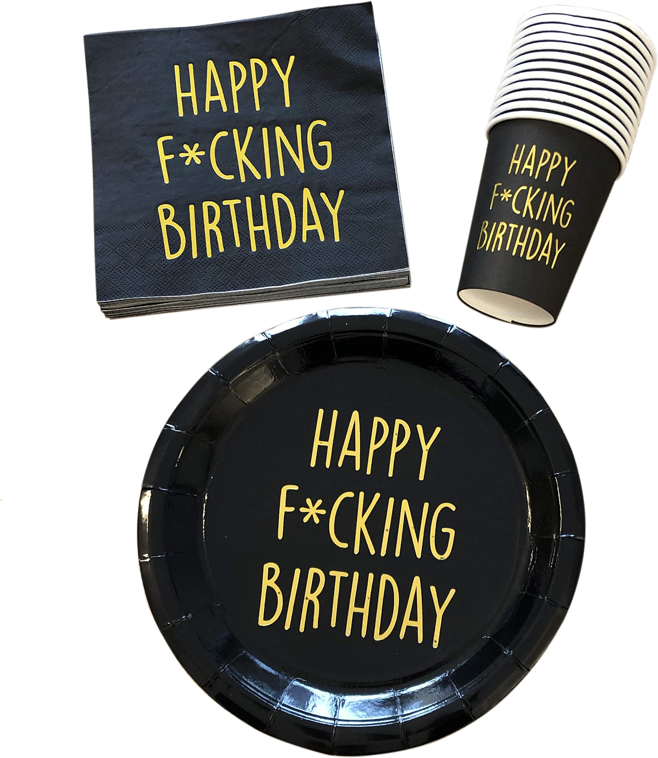 Birthday Party Drinking Cups - Pack Of 12 Black Funny & Rude Designs - 12 Plates - 20 Napkins - Tableware 44 Piece Set